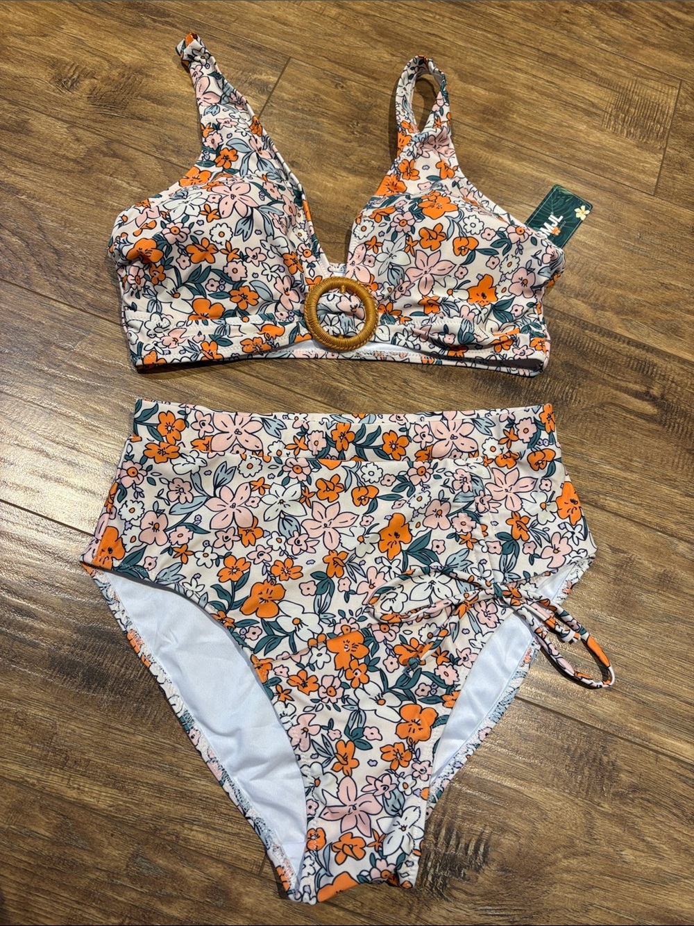 Floral High-Waist Bikini Set with Ring Detail - Orange & Pink